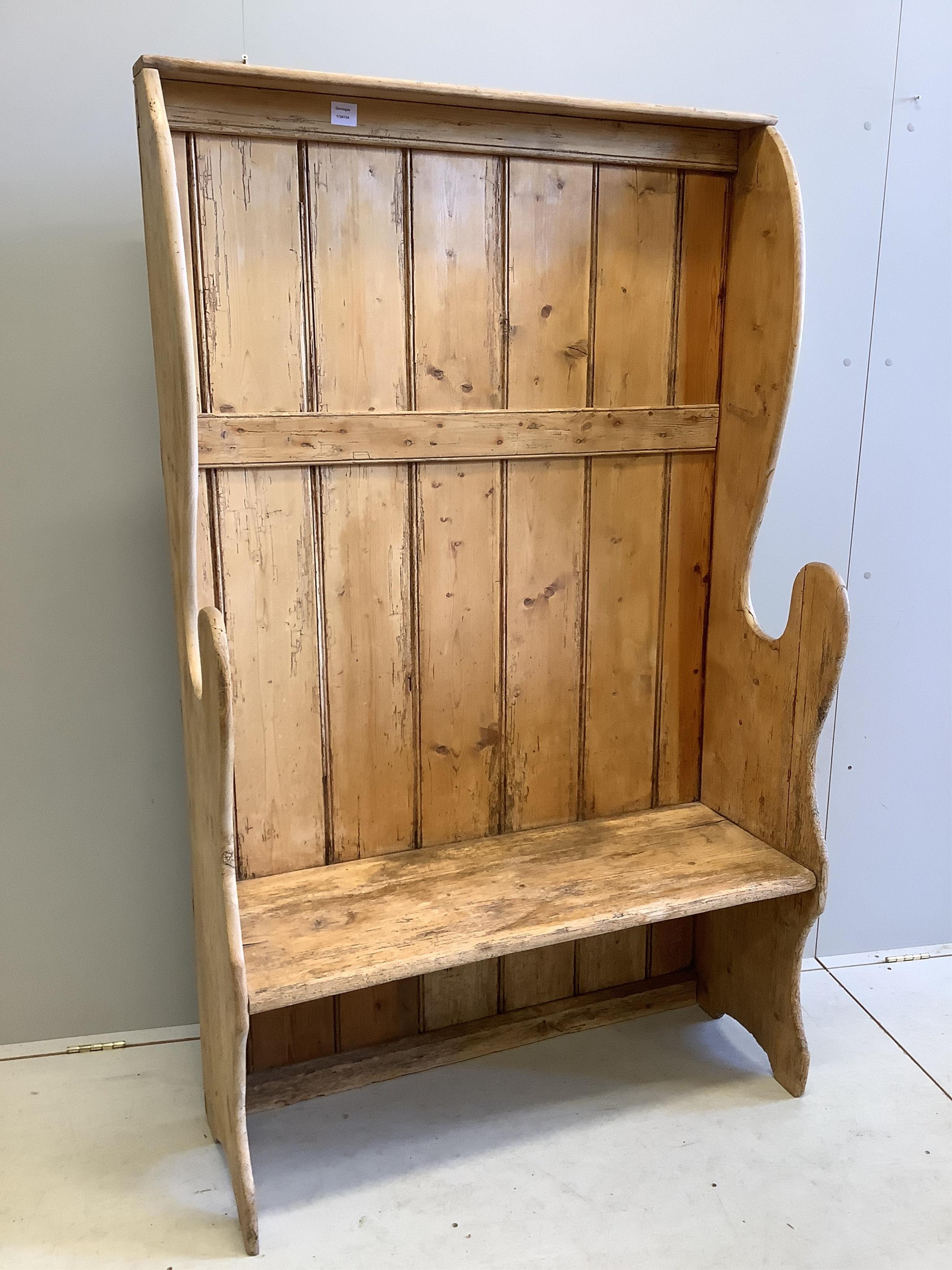A Victorian pine high back boarded settle, width 104cm, depth 38cm, height 172cm. Condition - fair